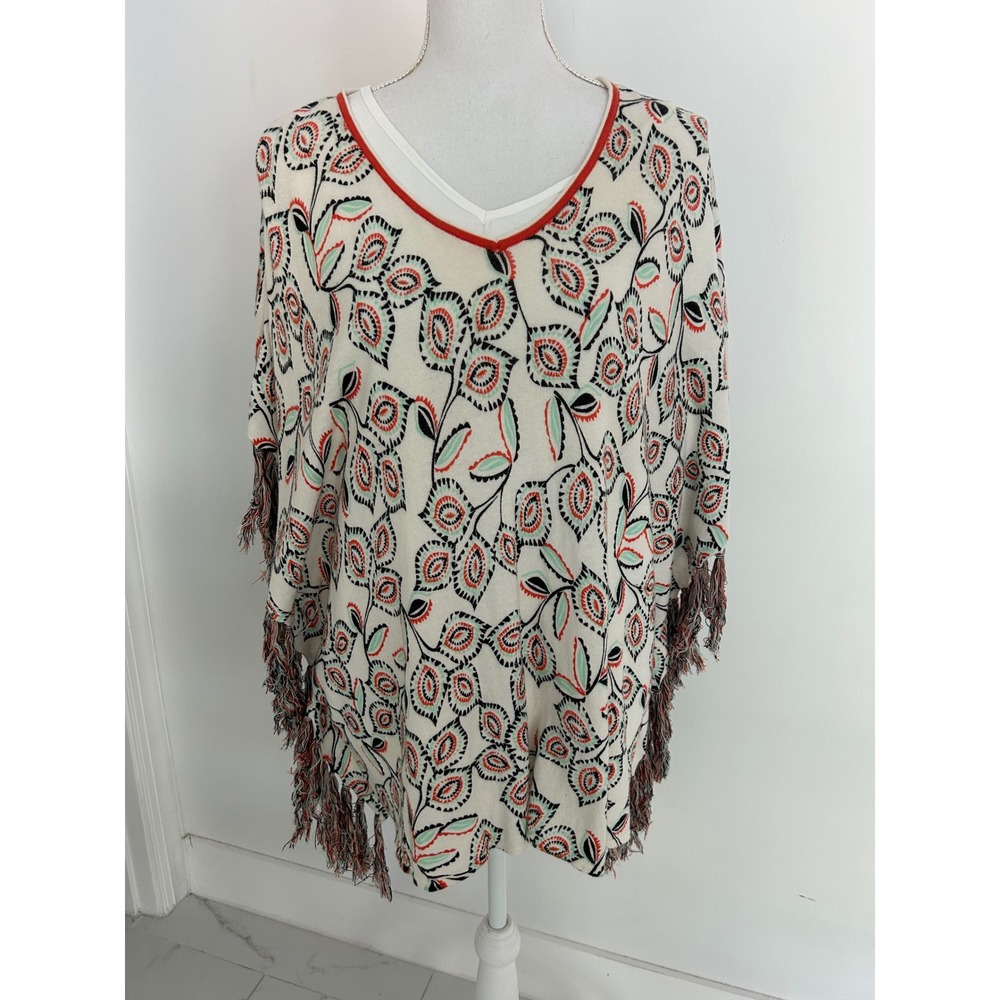 Democracy Womens Small Cotton Knit Poncho Fringe Leaf Print Cream Red B6334KISW